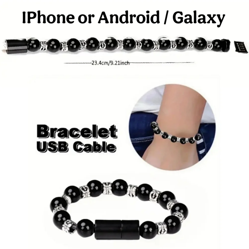 Black and Silver Beaded Bracelet Phone Charger. Iphone Galaxy Android